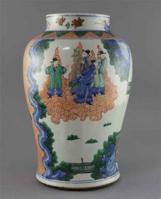 A Chinese wucai baluster vase, 19th century, H.39cm, cracks